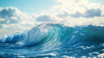 A powerful wave rises and crests, with a bright sky and clouds creating a stunning seascape. The sea is a mesmerizing shade of blue. photo