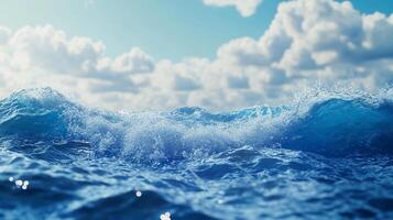 Waves crashing on the water against a blue sky and fluffy white clouds. Ocean waves splashing near the surface. photo
