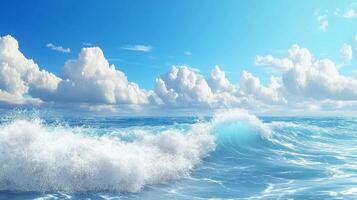 A picturesque ocean view featuring a large wave crashing under a clear blue sky adorned with puffy white clouds, creating a serene scene. photo