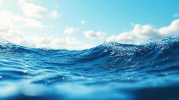 A captivating scene of a gentle wave cresting against a backdrop of a serene blue sky dotted with soft, fluffy clouds. Peaceful waterscape. photo