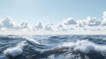 Scenic ocean waves under a sky of fluffy white clouds, creating a serene and picturesque view of nature's beauty. photo