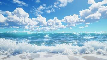 Serene ocean view with blue sky, puffy clouds, and gentle waves. A peaceful coastal scene with clear water and bright sunlight. photo