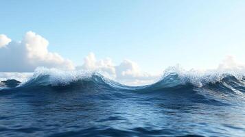 Ocean waves curl and crest, creating a dynamic and mesmerizing display of natural power against a backdrop of a serene sky with clouds. photo