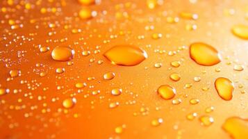 Macro shot of water droplets on a vibrant orange surface, creating a textured pattern of reflective highlights and soft shadows. photo