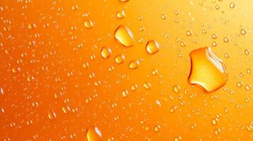 Water droplets cascade across an orange surface, creating a refreshing and vibrant textured background with a sense of pure hydration. photo
