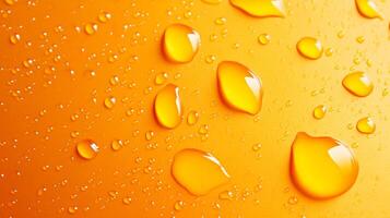 Water droplets on a vivid orange surface, creating a fresh and vibrant pattern of reflections and textures. Minimalistic liquid art. photo