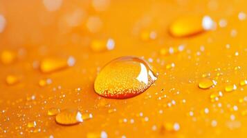 Macro shot of golden liquid droplets resting on a saturated orange surface, showcasing texture, light and small bubbles within each droplet. photo
