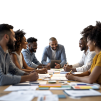 A group of people sitting around a table with a man looking at a tablet png