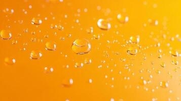 Macro shot of water droplets on a vibrant orange surface creating an abstract, refreshing, and visually appealing design. Bright and clean. photo
