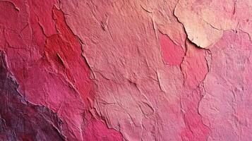 Textured surface with peeling paint layers in shades of pink and red, creating an abstract and aged effect. Close-up detail. photo