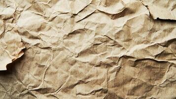 Close-up of heavily wrinkled, slightly torn and textured light brown paper, showing the details of the creases and folds. photo