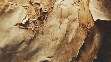 Abstract view of aged paper. Rough surface, torn edges, and brown tones create a vintage and textured aesthetic. Macro photography details. photo