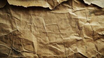 Close-up of textured crumpled paper. The rough texture and brown tone create a visual sense of age and vintage appeal. photo