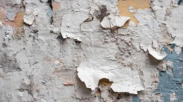 Close up of damaged wall, featuring paint peeling off layers of plaster, creating an abstract texture and pattern on a weathered surface. photo