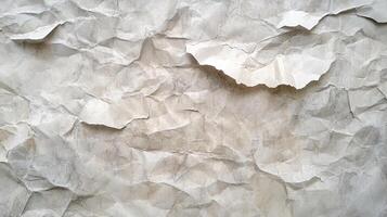 An overhead view shows a crumpled piece of paper, its surface displaying a network of folds and tears that evoke a sense of age and texture. photo