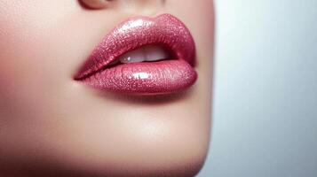 Close-up of luscious lips adorned with shimmering, iridescent pink lip gloss, highlighted against soft skin and a subtle background. photo