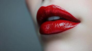 Close-up of luscious red lips, coated in a glossy, vibrant color, set against a soft, neutral backdrop. Beauty and makeup focus. photo