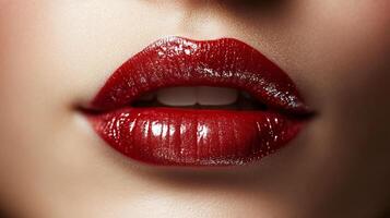 Close-up shot of a woman's face, highlighting her glossy red lips, creating a focus on beauty, makeup, and the sensual aspects of her features. photo