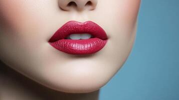 Close-up of woman's face with vibrant red lipstick, showcasing perfect makeup application and healthy skin. The focus is on the beauty of the lips. photo