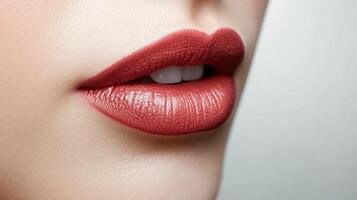 Close-up of luscious lips with a rich, red hue. The creamy texture is apparent. Perfect for makeup artistry or beauty product promotions. photo