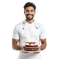 A male chef holding a cake with a cherry on top png
