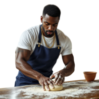 A man in an apron kneading dough on a table png