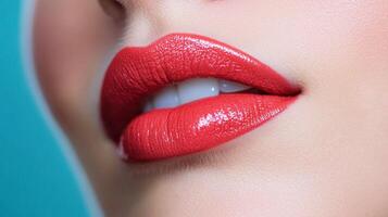 Close-up shot of luscious red lips with a glossy finish. The vibrant color and smooth texture create a striking, alluring beauty statement. photo