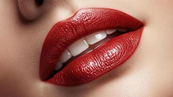 Close-up of lips with vibrant red color, emphasizing the texture and white teeth. The skin appears smooth and the focus is on the lips. photo