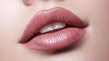 Close-up shot showcasing the plush lips, adorned with a matte light reddish pink hue, exhibiting a smooth, velvety finish. Delicate detail. photo