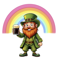 A cartoon leprechaun holding a beer in front of a rainbow png