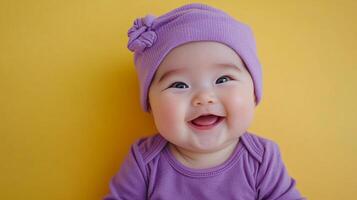 Adorable baby smiling brightly with purple beanie and outfit against a yellow background, radiating pure joy and innocence. photo