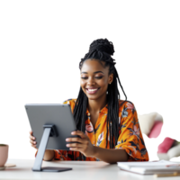 A woman with dreadlocks is using a tablet computer png