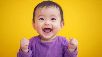 Joyful baby against a bright yellow backdrop, radiating happiness with a big smile and clenched fists, showcasing pure, infectious delight. photo
