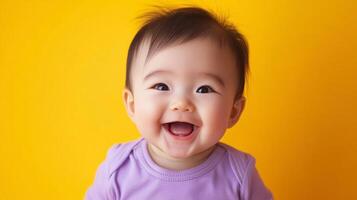 Adorable baby beaming with joy, a heartwarming smile that brightens the vibrant yellow backdrop, radiating pure happiness and innocence. photo
