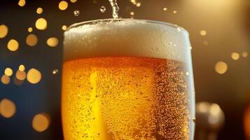 Refreshing glass of golden liquid with a thick, frothy head, capturing a moment of effervescence and celebratory ambiance with bokeh lights. photo