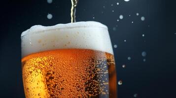 Refreshing golden brew cascading into a glass, creating a frothy, effervescent delight. Close-up shot highlights the texture and golden hue. photo
