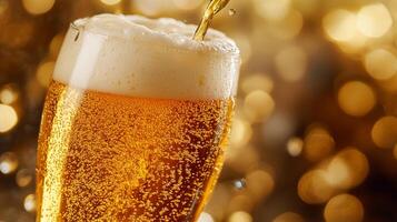 A refreshing glass of golden beer being poured, creating a bubbly foam head against a sparkling, festive background. photo