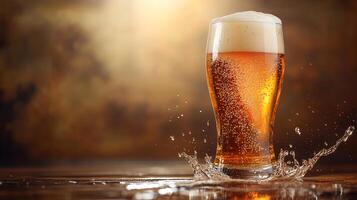 Refreshing beer in glass, captured in a dynamic shot with golden light and a splash creating refreshing vibes on wooden surface. photo