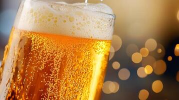 Close-up of a golden beer being poured into a glass, showcasing its bubbly texture and inviting appearance against a bokeh backdrop. photo