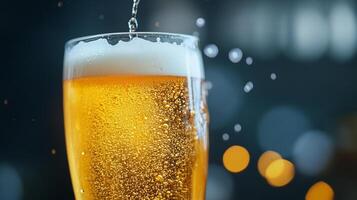 Refreshing drink being poured into a glass, with visible bubbles and condensation, creating a cool, thirst-quenching visual. photo