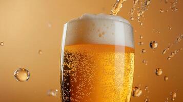 Craft beer is poured into a glass, creating a frothy head and splashing droplets against a golden background. Refreshing and celebratory. photo