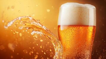 A refreshing pint of golden beverage with a frothy head is captured mid-splash, conveying a sense of refreshment and enjoyment. photo