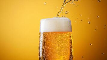 Refreshing beverage being poured into a glass. Frothy head and bubbles. The beverage is light amber in color on a yellow background. photo