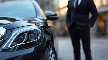 Elegant transport awaits with a sleek, dark car and professional driver, ready for a stylish and comfortable journey. Sophistication on wheels. photo
