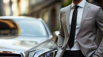 An unidentified man stands with a professional style in front of a modern luxury car. The man has a suit with a dark tie on. photo
