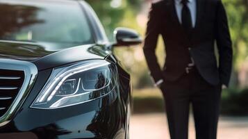 A man in a suit stands near a sleek, dark-colored car. The car's headlights are prominent, highlighting its modern design and elegant aesthetic. photo