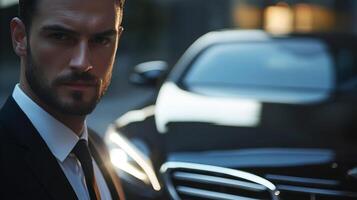 Suave man in suit standing near modern car, exuding confidence. Intense gaze and refined style make a lasting impression photo