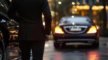 Professional driver standing by an automobile in city at night, dressed in a suit. Elegance and luxury transportation service. photo