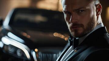 Intense gaze of a confident man in a suit, standing in front of a sleek, black automobile, conveying a sense of power and mystery. photo