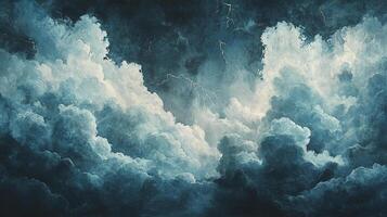 Dramatic storm clouds fill the sky, illuminated by lightning strikes, creating a powerful and atmospheric celestial scene. photo